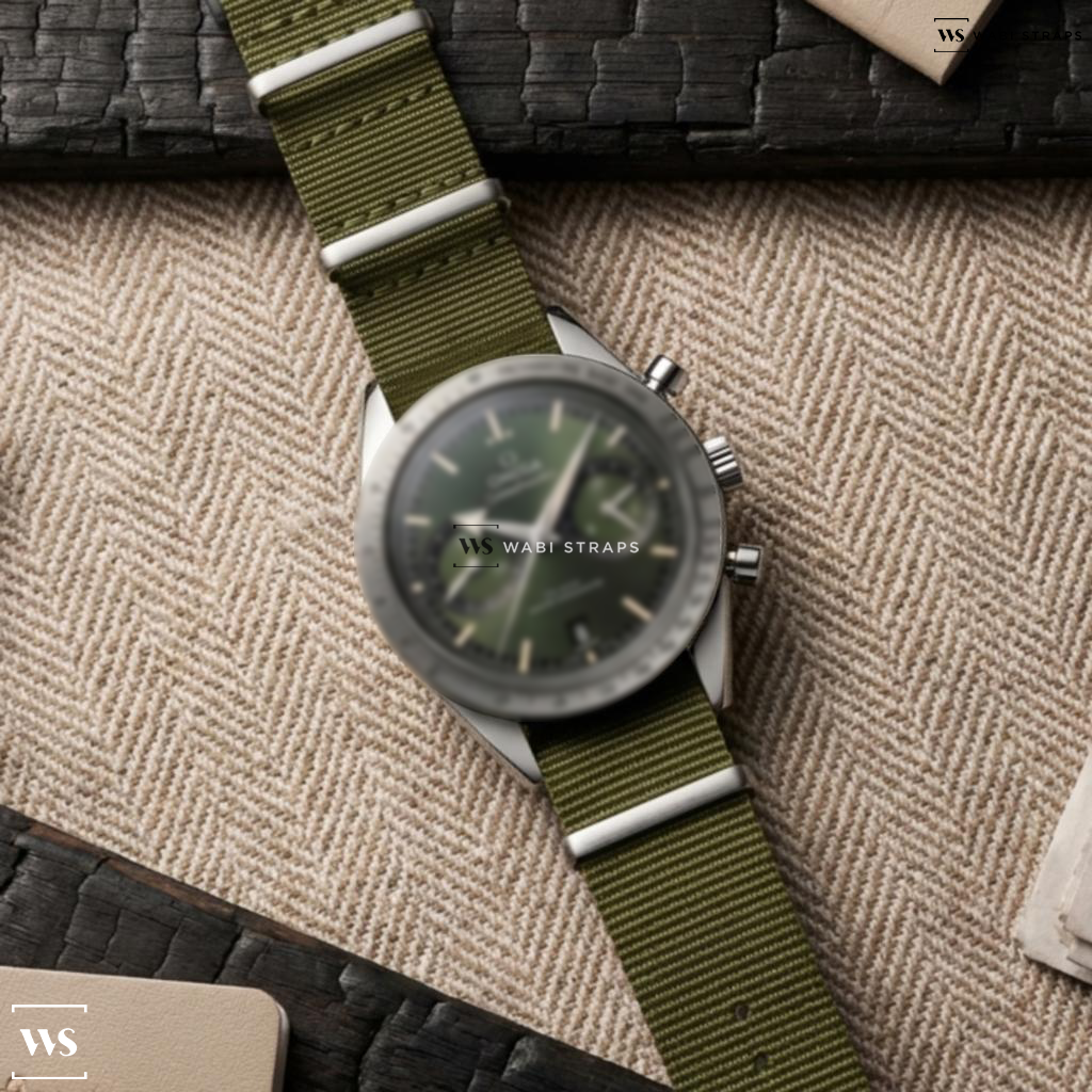 Green Solid Plain Nylon Watch Strap on Omega Speedmaster 57 Chronometer Green Dial