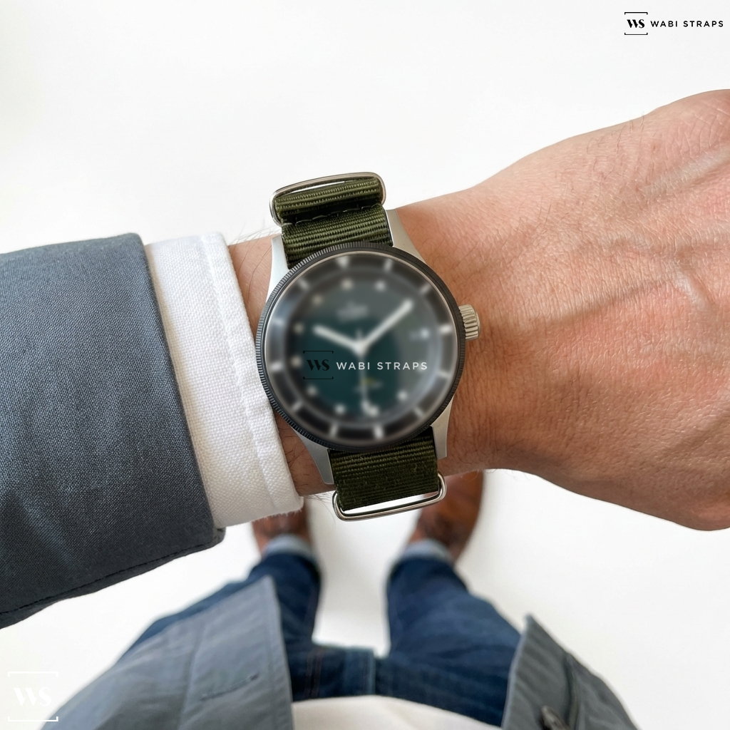 Green Solid Plain Nylon Watch Strap on Peren Nera Rogue
