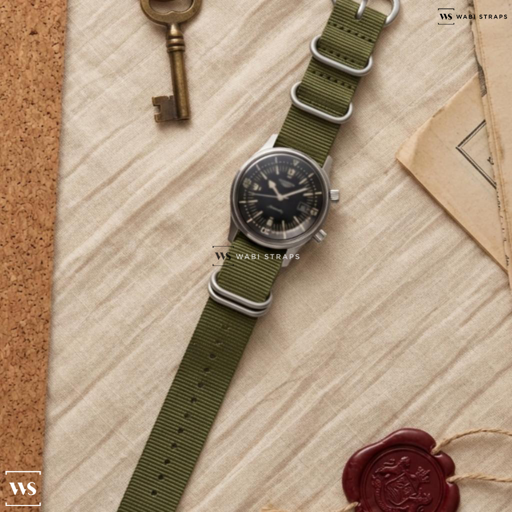 Green Solid Plain Nylon Watch Strap on Longines Skin Diver Super Compressor