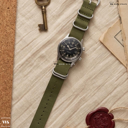 Green Solid Plain Nylon Watch Strap on Longines Skin Diver Super Compressor