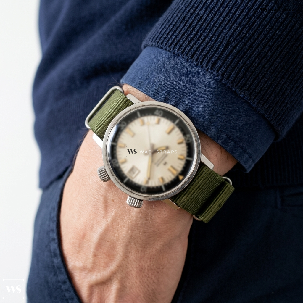 Green Solid Plain Nylon Watch Strap on Hamiltron Automatic Vintage Dive Compressor