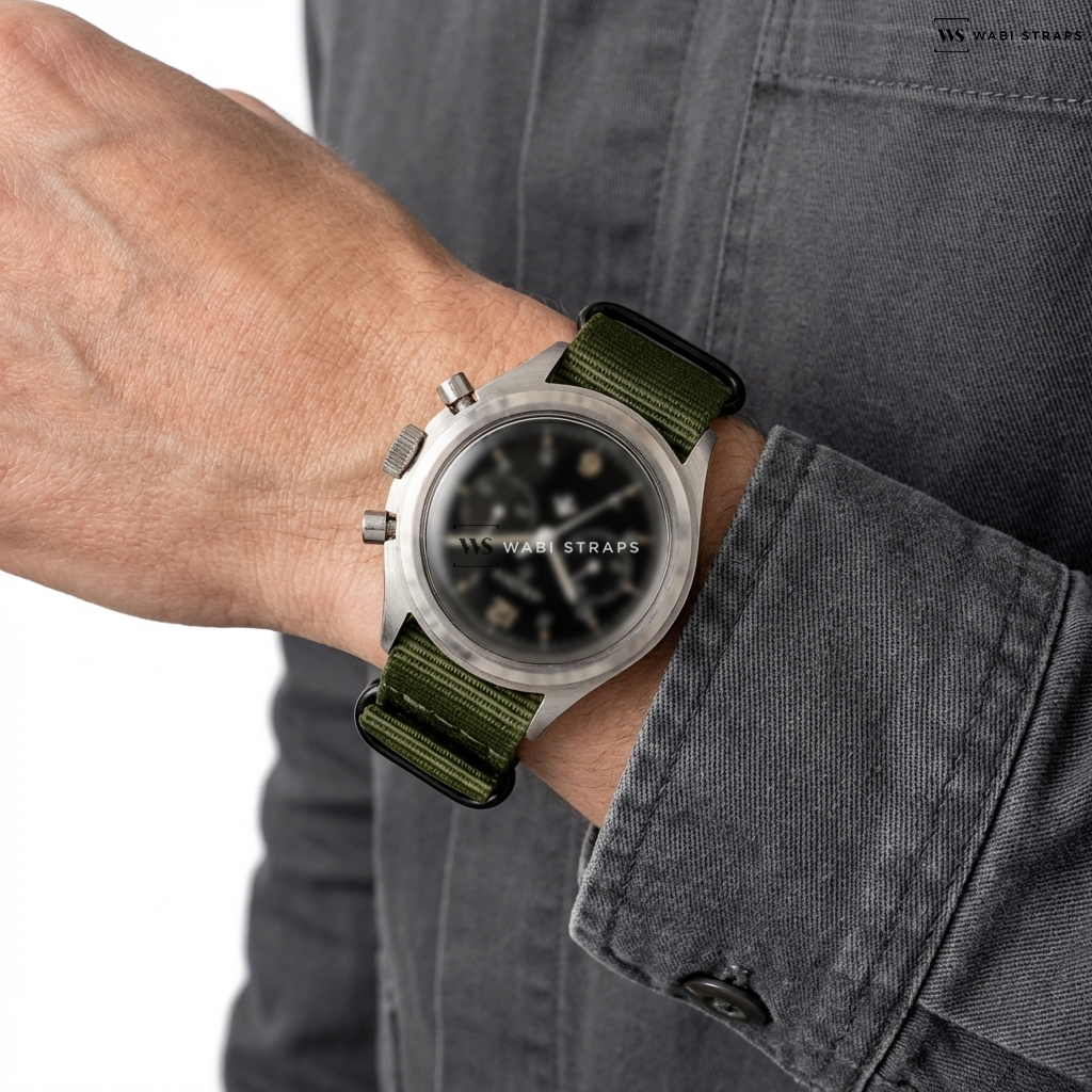 Green Solid Plain Nylon Watch Strap on Lemania RAF Vintage Chronograph T
