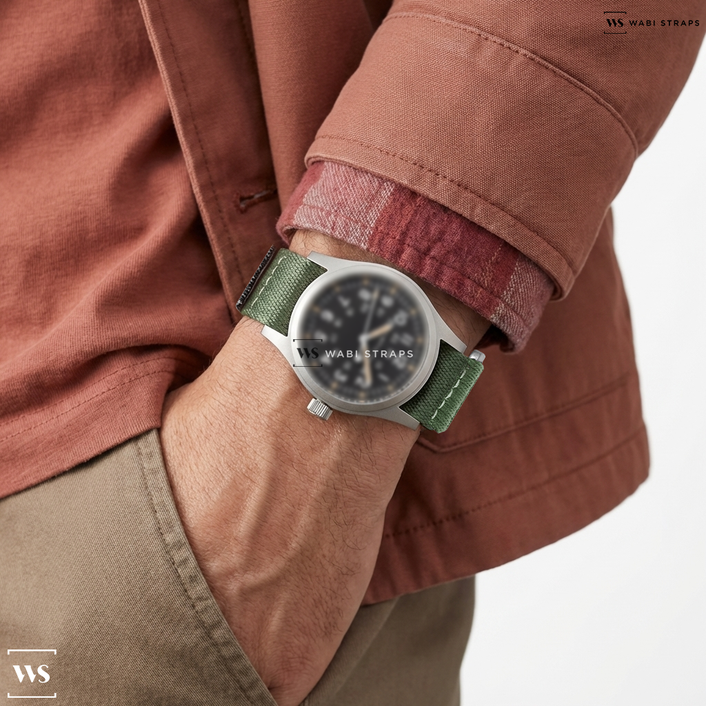 Green 1-Stripe Nylon Watch Strap on Hamilton Khaki Field Mechanical 42mm