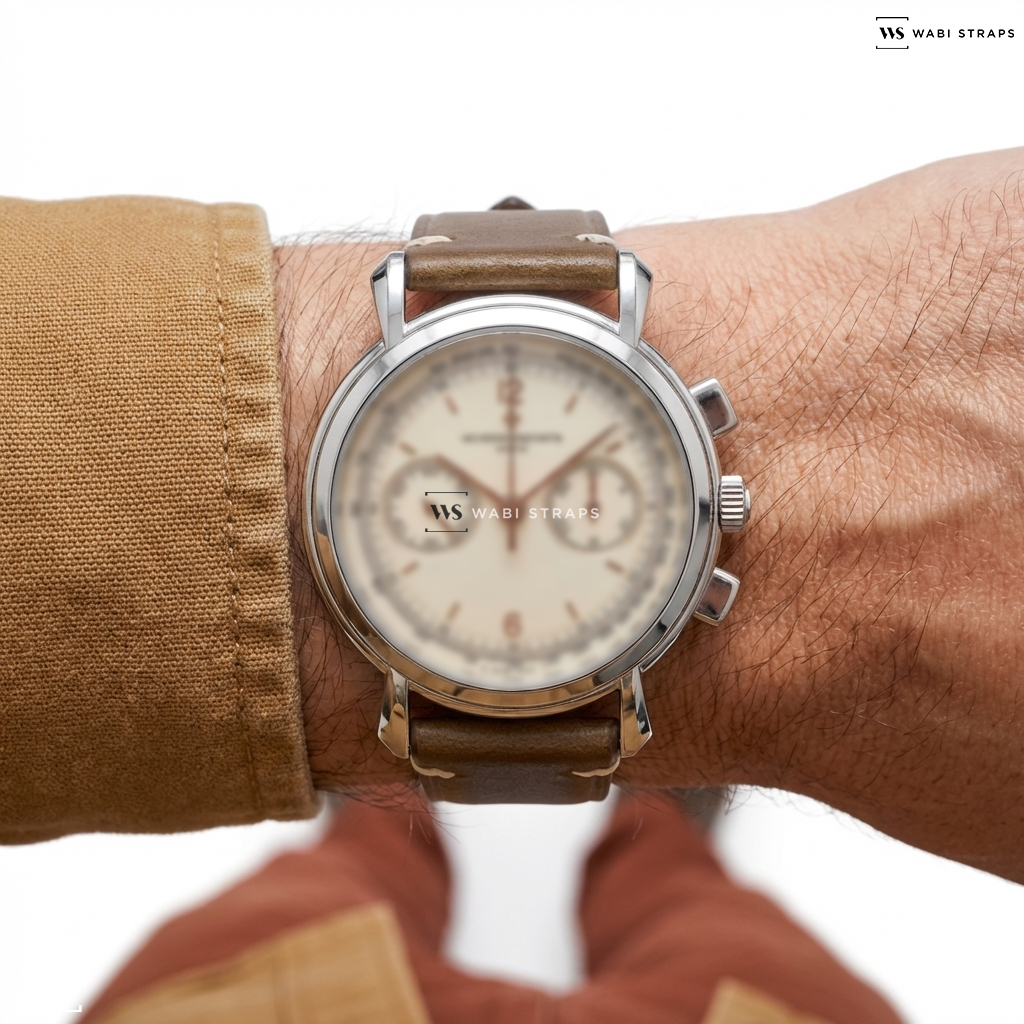 Green Oiled Leather Watch Strap on Vacheron Constantin Les Historiques Chronograph Platinum