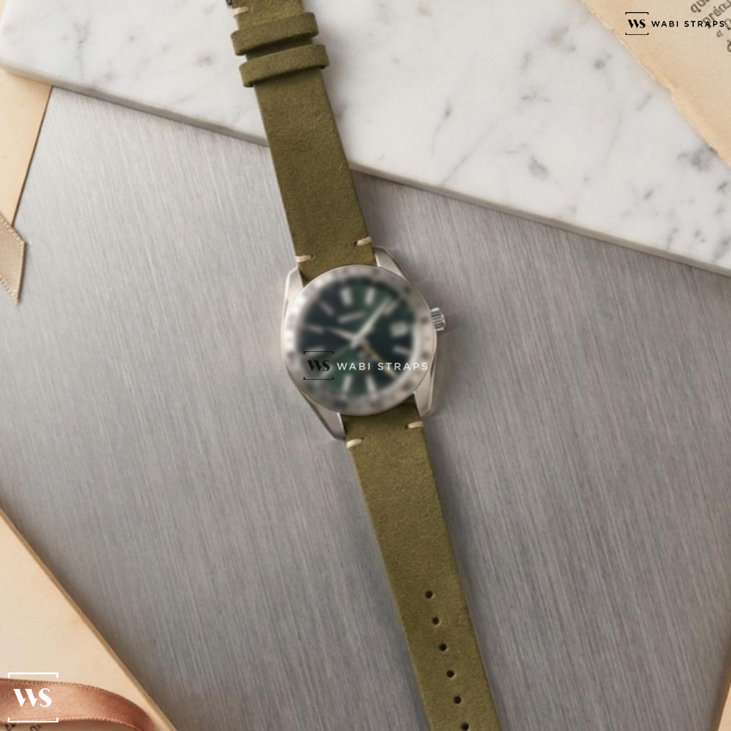 Green Fuzzy Grain Leather Watch Strap on Grand Seiko Hi Beat 36000 GMT Automatic SS / Green Dial Limited Edition