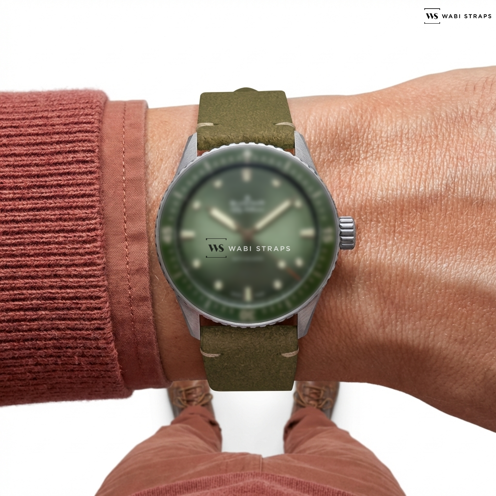 Green Fuzzy Grain Leather Watch Strap on Blancpain Fifty Fathoms Bathyscaphe Mokarran Tropical Green Dial Limited 2020