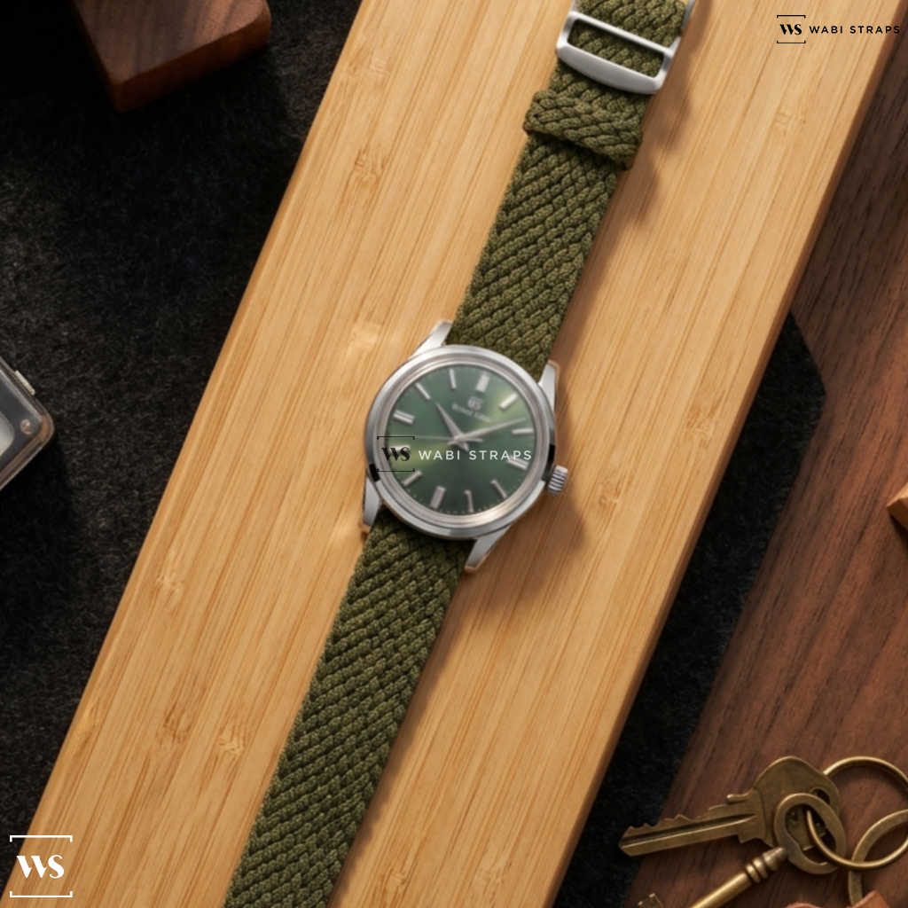Green Solid Plain Nylon Watch Strap on Grand Seiko Elegance SBGW277 Genbi Valley