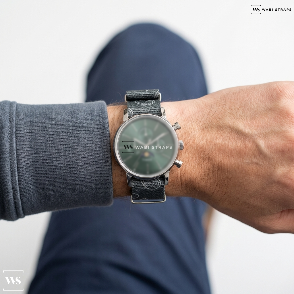Grey/White Graphic Print Nylon Watch Strap on Marlin® Moon Phase 40mm