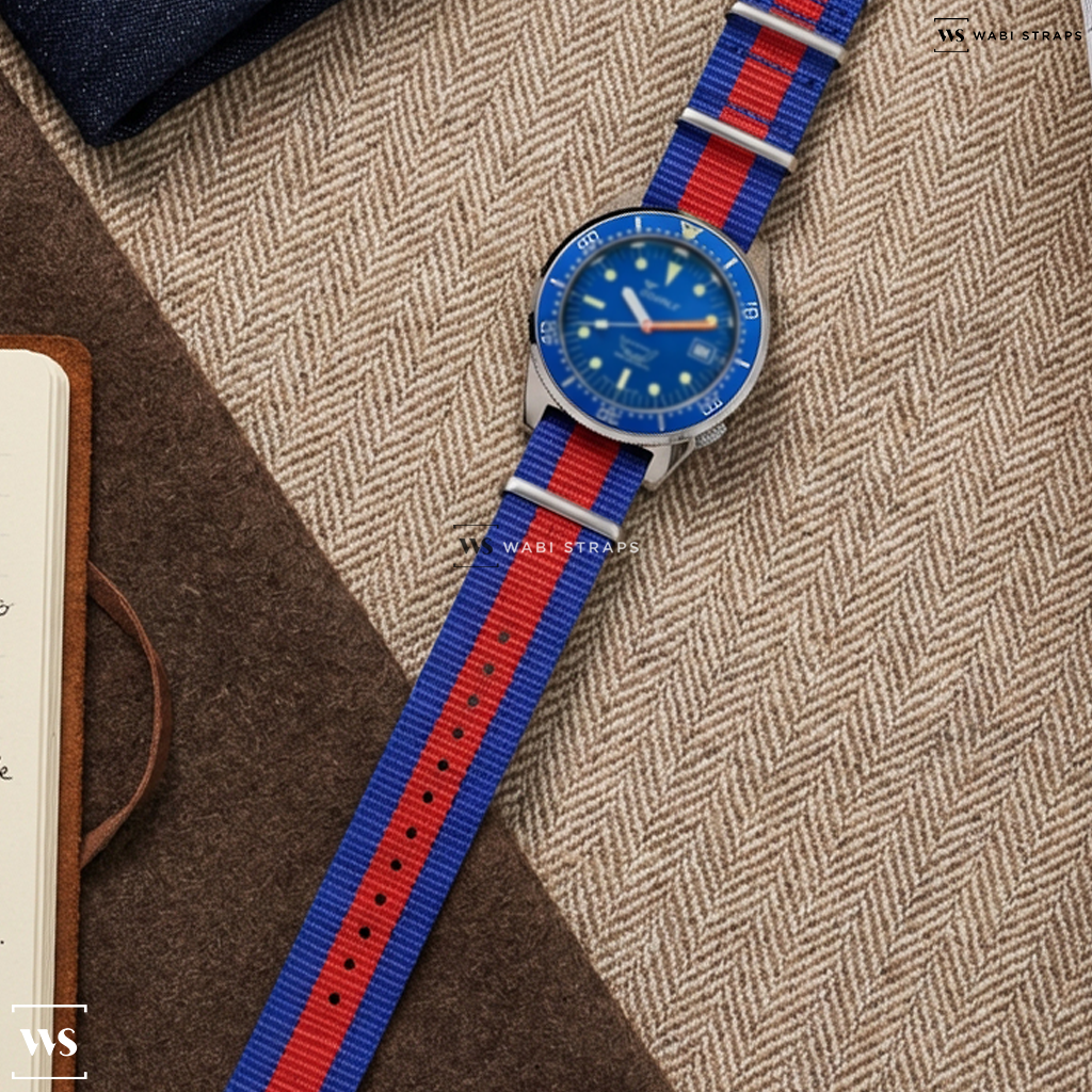 Blue/Red 3 Stripes Nylon Watch Strap on Squale 1521 Dive Watch Blue