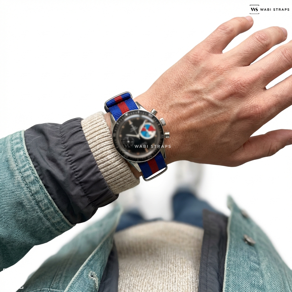 Blue/Red 3 Stripes Nylon Watch Strap on Yema Yachtingraf Regatta Vintage Chronograph Watch