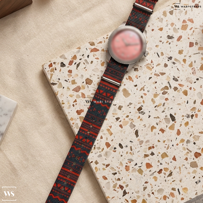 Black/Red Graphic Print Nylon Watch Strap on Oris Divers Sixty-Five "Cotton Candy" Steel