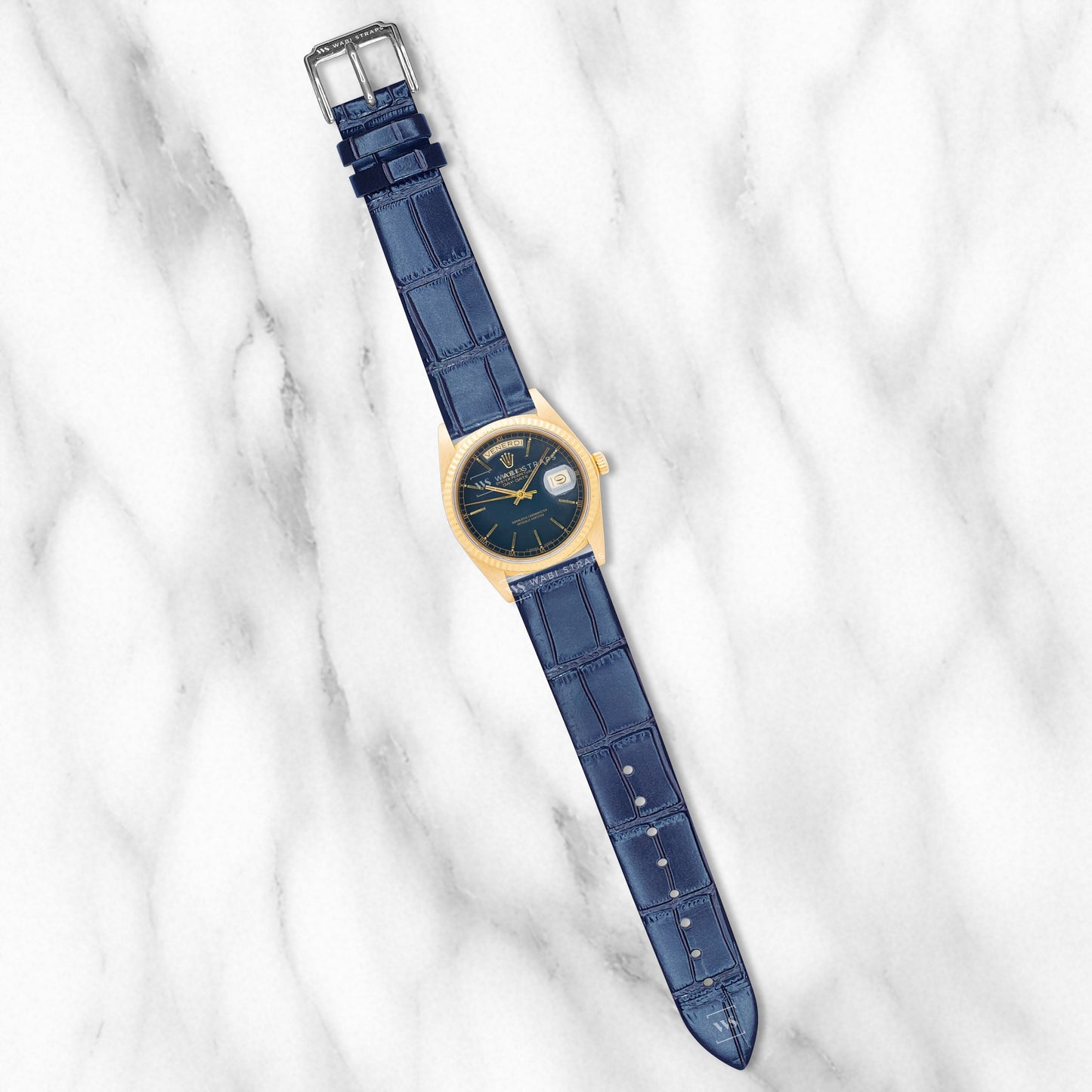 Blue Bamboo Grain Flat Leather Strap