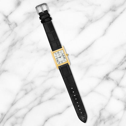 Black Bamboo Grain Flat Leather Strap
