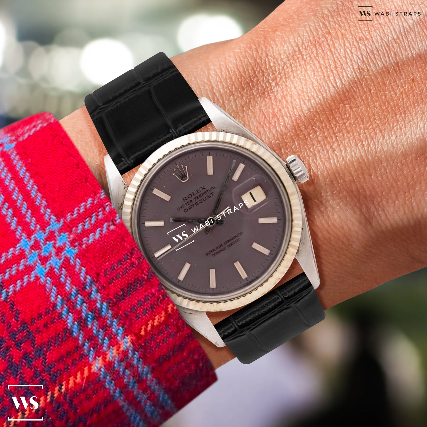 Black Bamboo Grain Flat Leather Strap