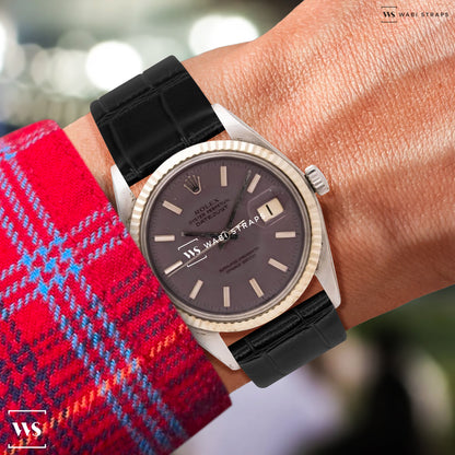 Black Bamboo Grain Flat Leather Strap
