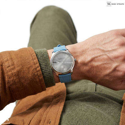 Blue Pebbled Leather Watch Strap on H. Moser and Cie. Endeavour Small Seconds 18k White Gold / Silver Argente Dial