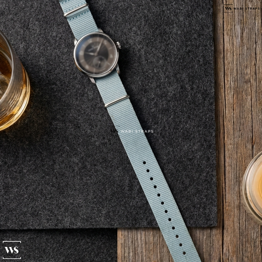 Blue/White Graphic Print Nylon Watch Strap on Louis Erard Excellence Petite Seconde Guilloché Anthracite