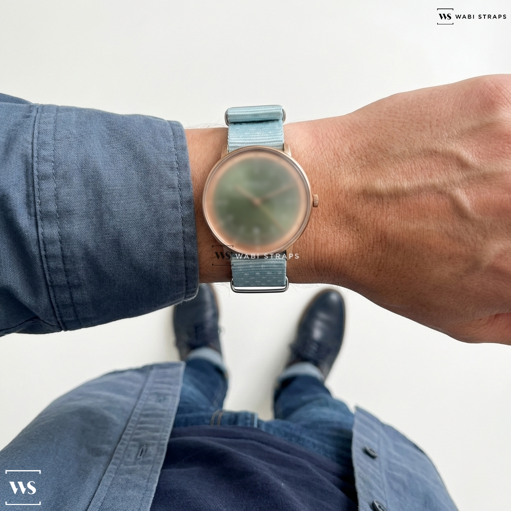 Blue/White Graphic Print Nylon Watch Strap on Sternglas HAMBURG Edition Bronze