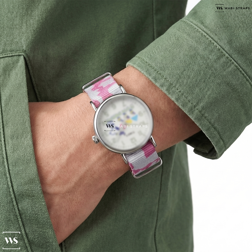 Pink/White Graphic Print Nylon Watch Strap on Timex Standard x Peanuts Featuring Snoopy Happy Birthday 40mm