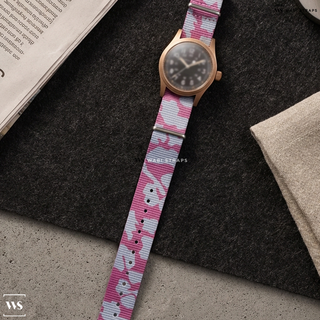 Pink/White Graphic Print Nylon Watch Strap on Oris Okavango Air Rescue Limited Edition