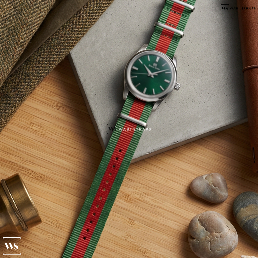 Green/Red 3 Stripes Nylon Watch Strap on Grand Seiko Elegance SBGW285 Byoka