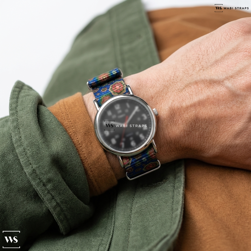 Blue/Red/Yellow Graphic Print Nylon Watch Strap on Weekender 38mm
