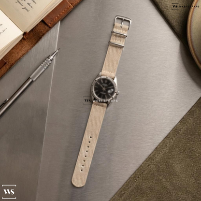 Beige Solid Plain Nylon Watch Strap on Rolex 1501 Date Stainless Steel Black Dial