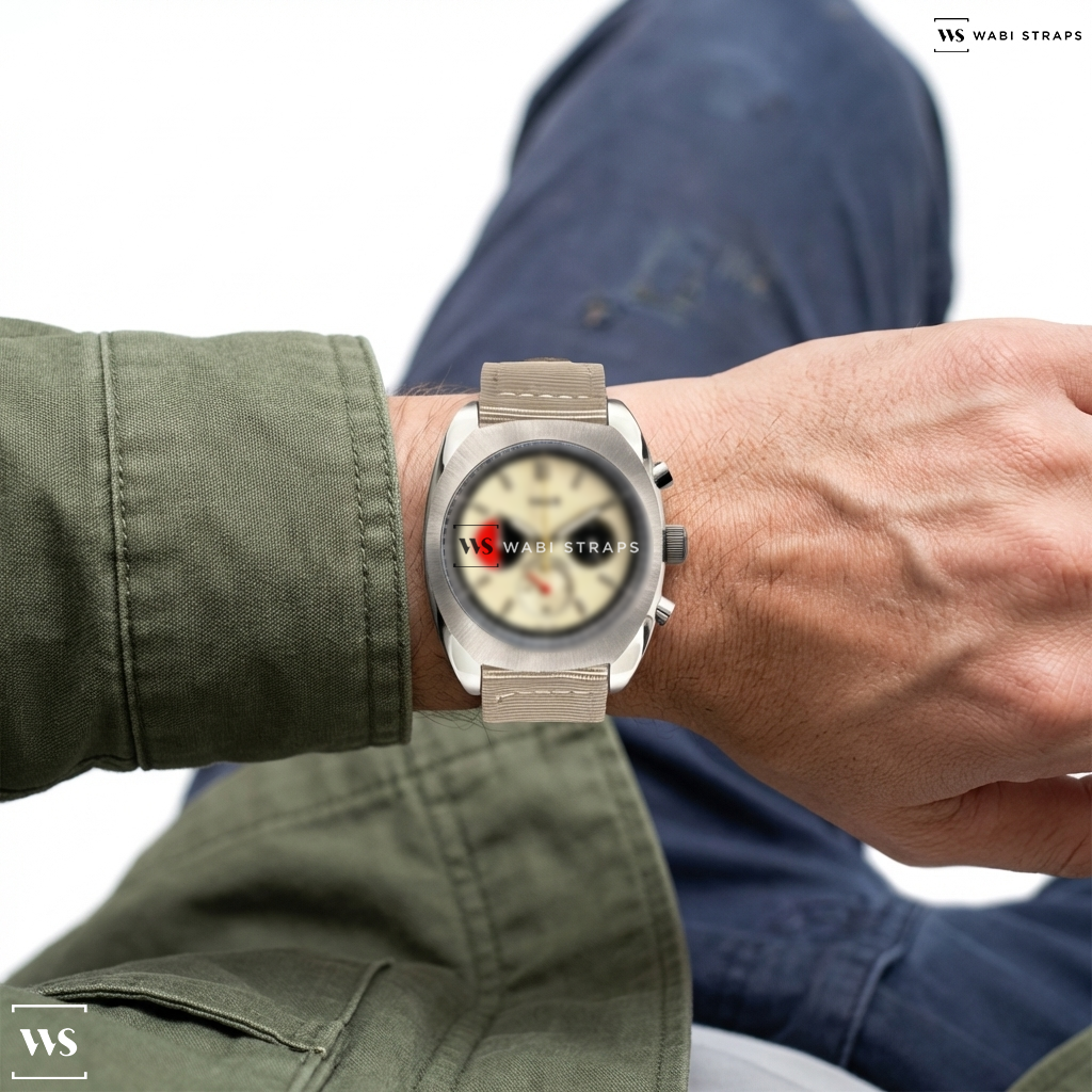 Beige Solid Plain Nylon Watch Strap on Vaer R1 USA racing chronograph watch