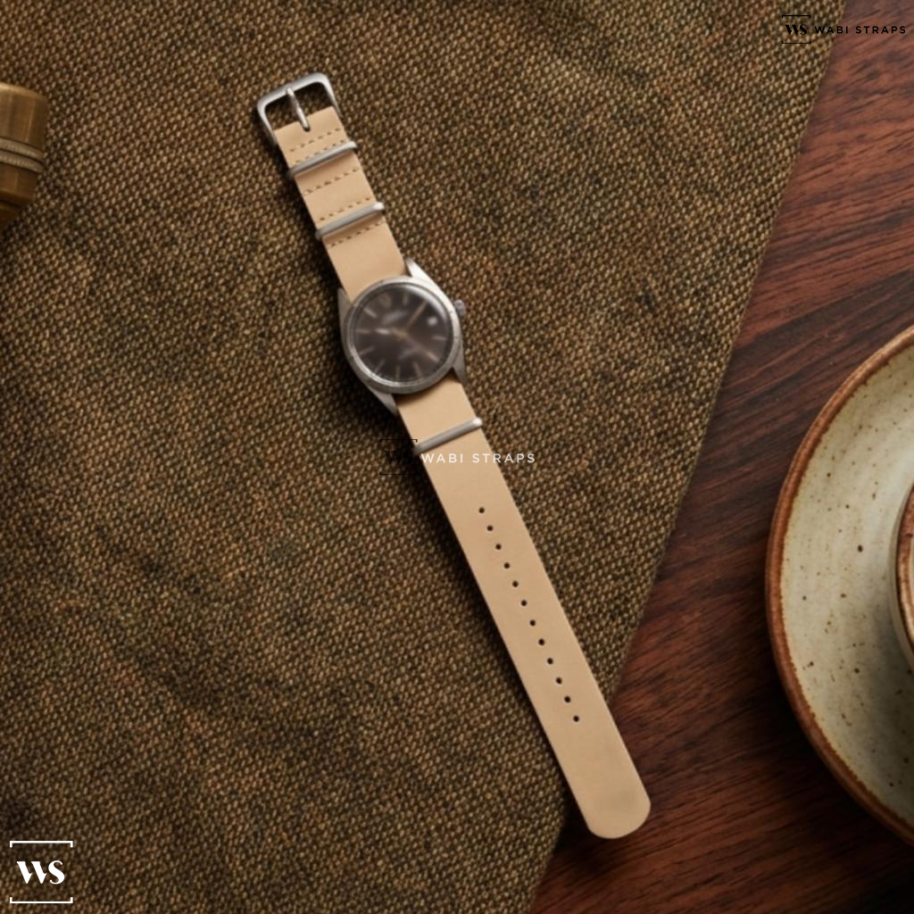 Beige Aged Rustic Leather Watch Strap on Tudor Prince Oysterdate