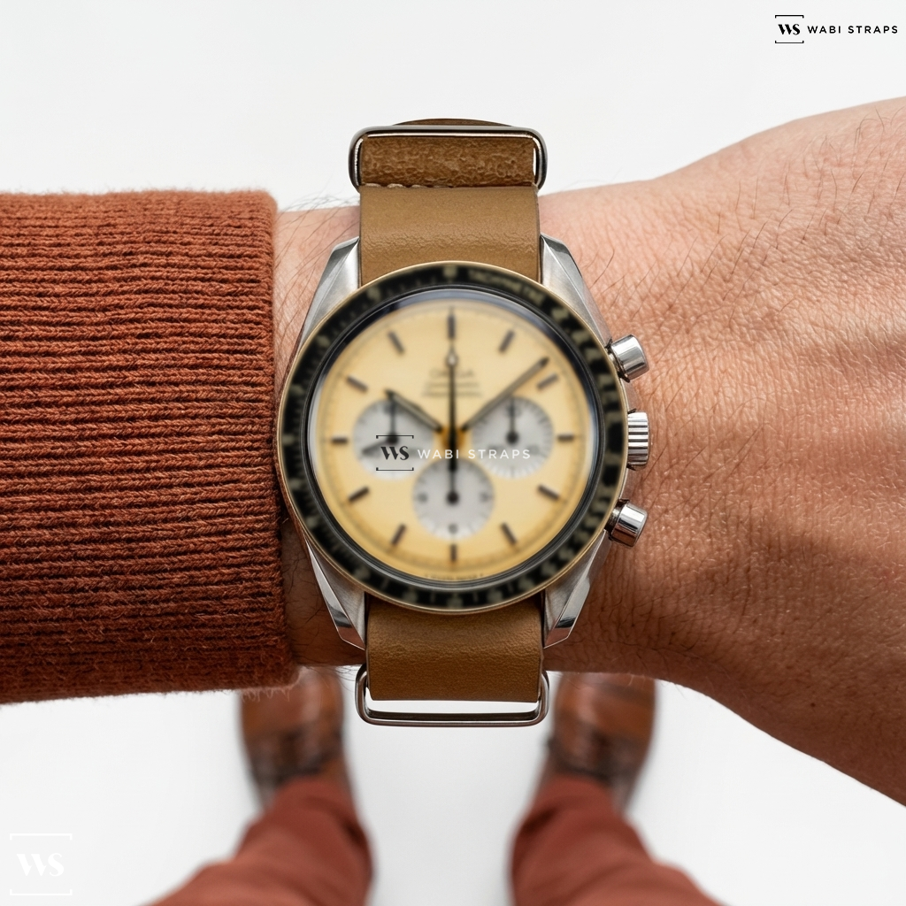 Beige Aged Rustic Leather Watch Strap on Omega Speedmaster Professional Two Tone Gold and SS