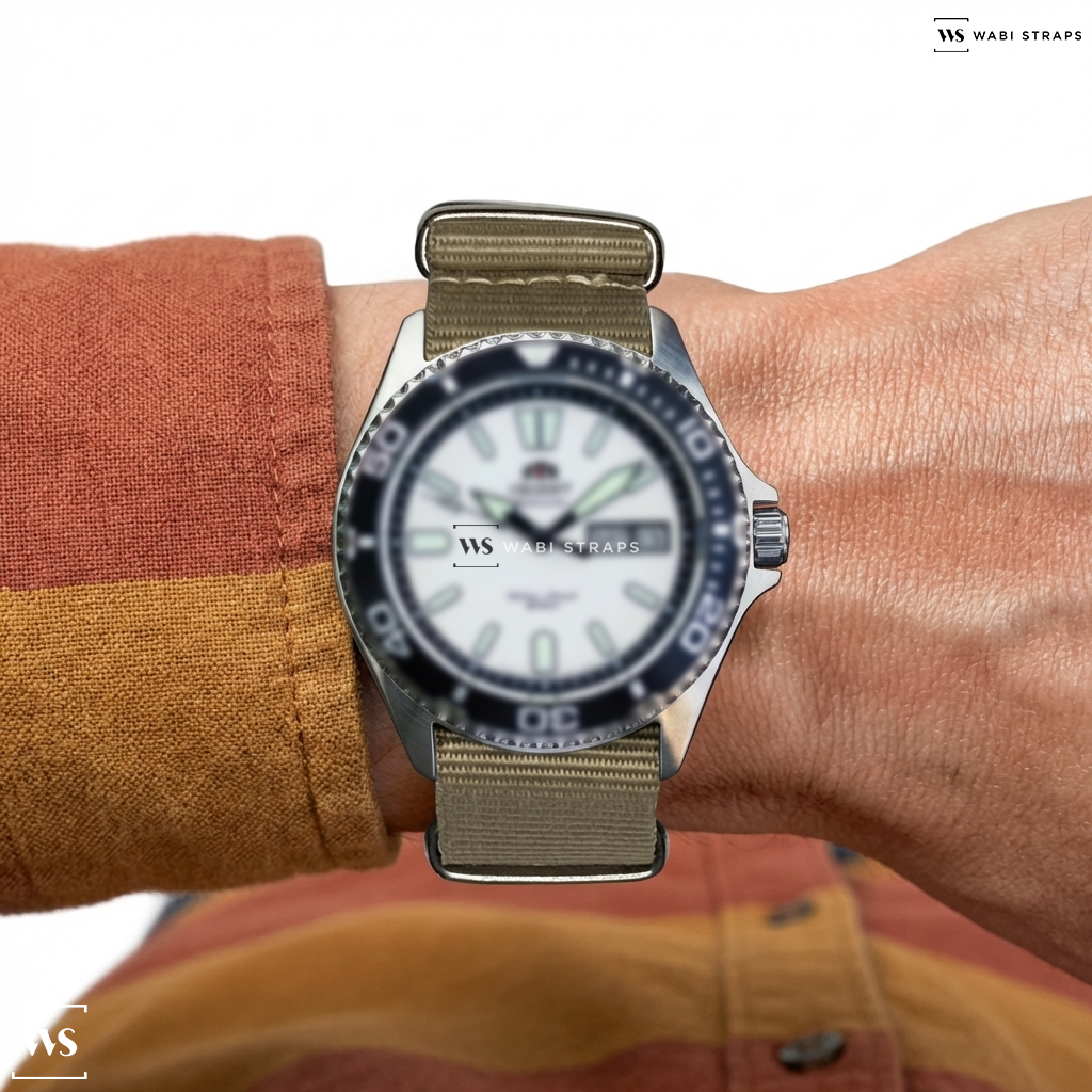 Beige Solid Plain Nylon Watch Strap on Orient Mako USA II