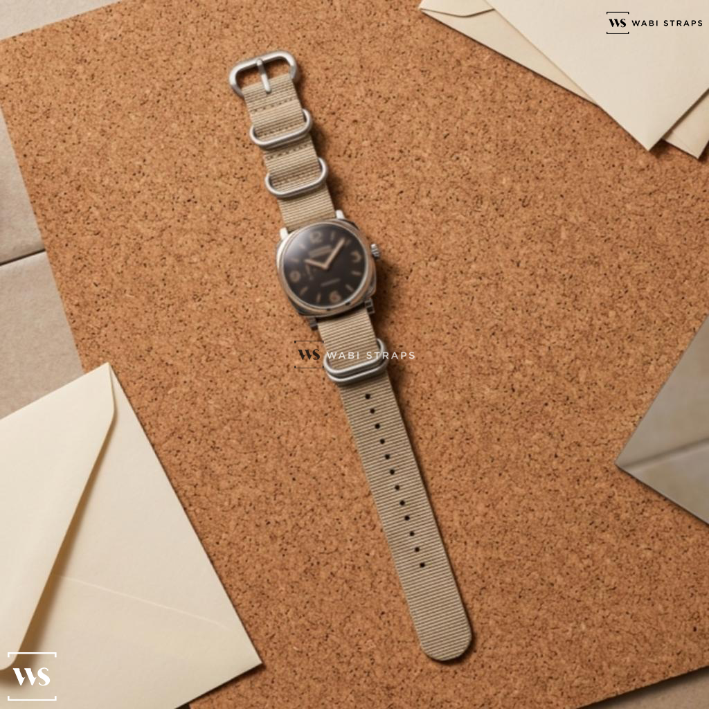Beige Solid Plain Nylon Watch Strap on Panerai Luminor Automatic