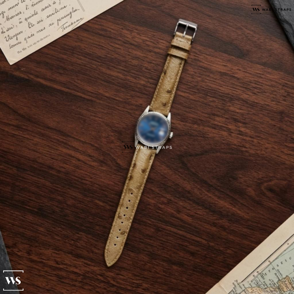 Beige Ostrich Grain Leather Watch Strap on Rolex Datejust “Blue Roman”