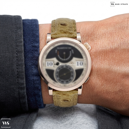 Beige Ostrich Grain Leather Watch Strap on A. Lange and Sohne Zeitwerk 142.031 18K Rose Gold Black Dial