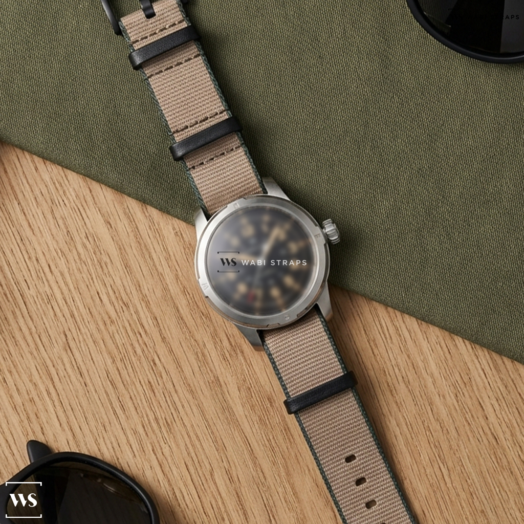 Beige/Green Trim Edge Nylon Watch Strap on Waltham A17 PILOT Patina