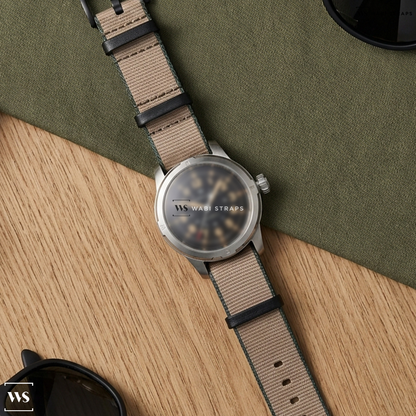 Beige/Green Trim Edge Nylon Watch Strap on Waltham A17 PILOT Patina