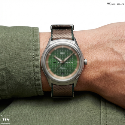 Beige/Green Trim Edge Nylon Watch Strap on REC Watches Tourer Racing Green