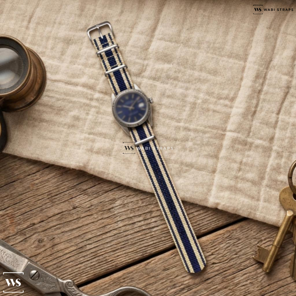 Beige/Blue 4 Thick 1 Thin Stripe Nylon Watch Strap on Rolex Date 1501 Engine Turned Bezel Blue Dial