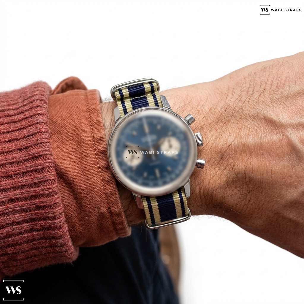 Beige/Blue 4 Thick 1 Thin Stripe Nylon Watch Strap on Vulcain Blue Chonograph Incabloc