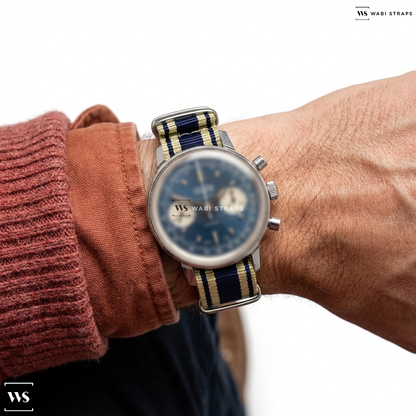 Beige/Blue 4 Thick 1 Thin Stripe Nylon Watch Strap on Vulcain Blue Chonograph Incabloc