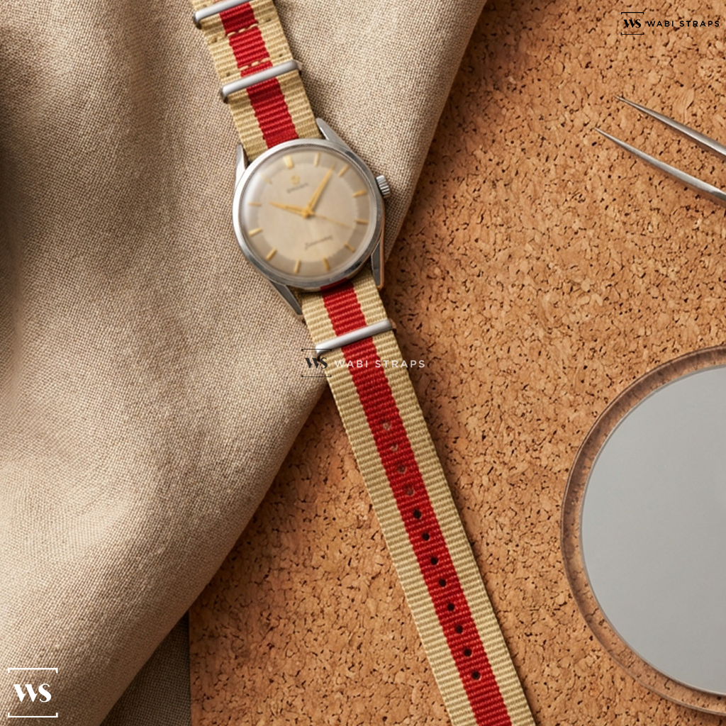 Beige/Red 3 Stripes Nylon Watch Strap on Omega Seamaster Pie Pan Vintage Dress Watch