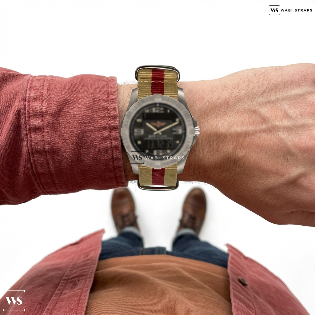 Beige/Red 3 Stripes Nylon Watch Strap on Breitling Aerospace Avantage Titanium Perpetual Alarm Watch E79362