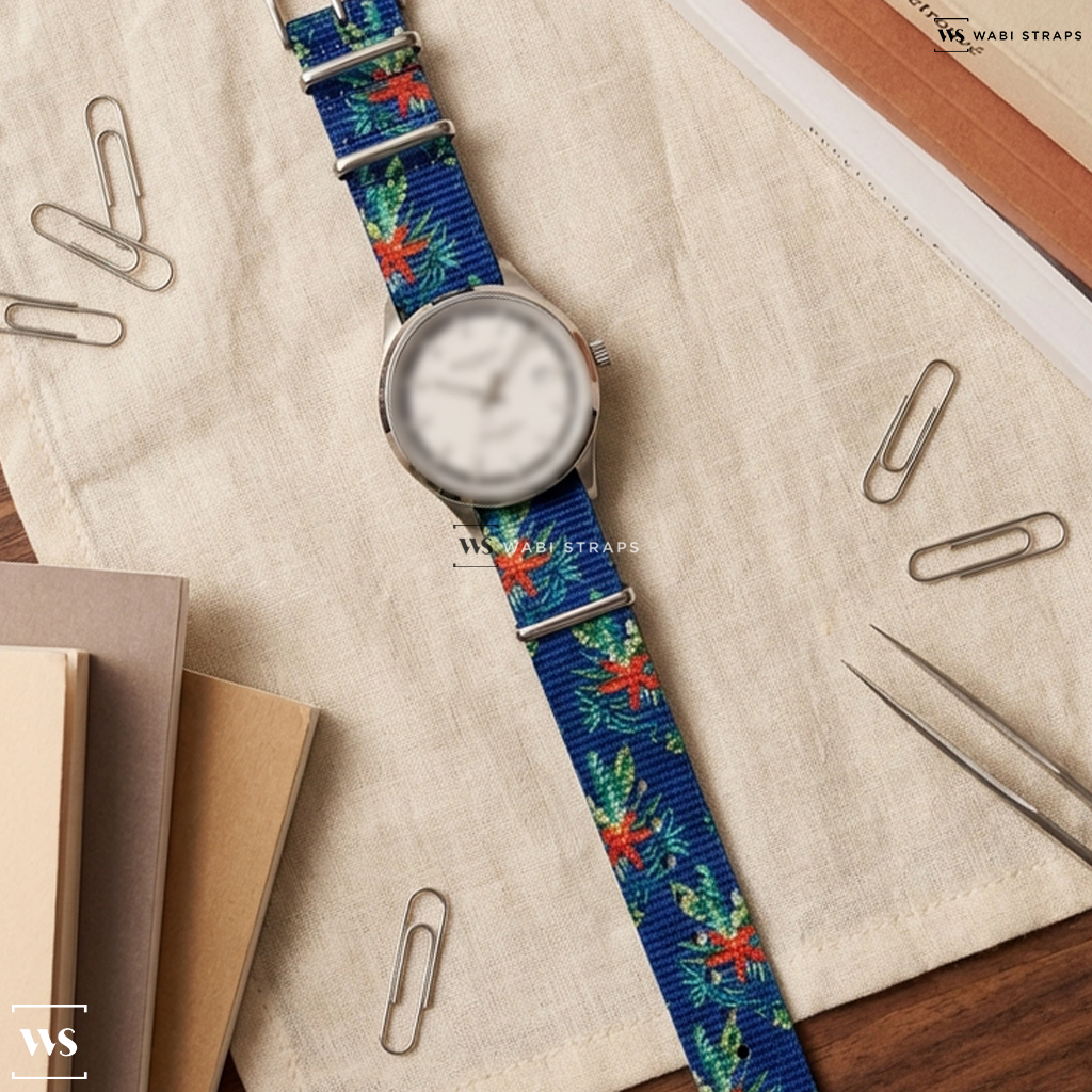 Blue/Green/Red Floral Print Nylon Watch Strap on Bruno Sohnle Glashutte Turin