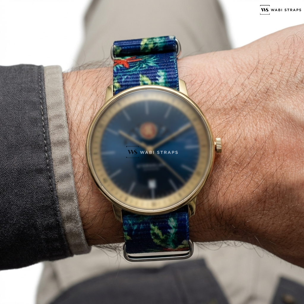 Blue/Green/Red Floral Print Nylon Watch Strap on Sternglas RONCALLI