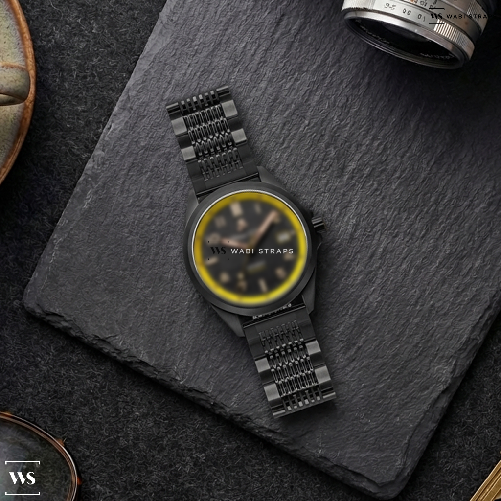 Black 15-Row Rice Beads Metal Watch Bracelet on William Wood Watches Fearless Yellow 39mm Mens Watch WWFY01