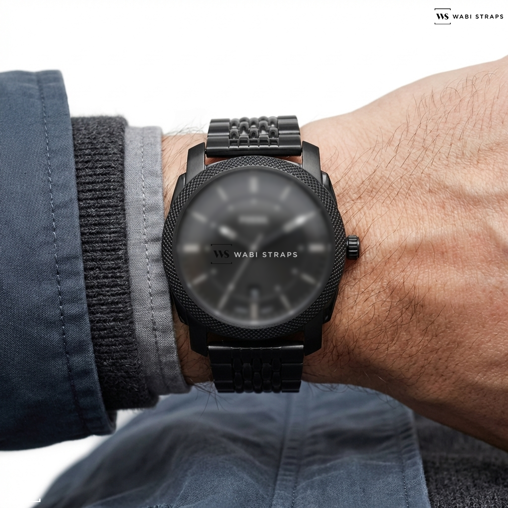 Black 5-Row Rice Beads Metal Watch Bracelet on Fossil Machine Black Stainless Steel Watch
