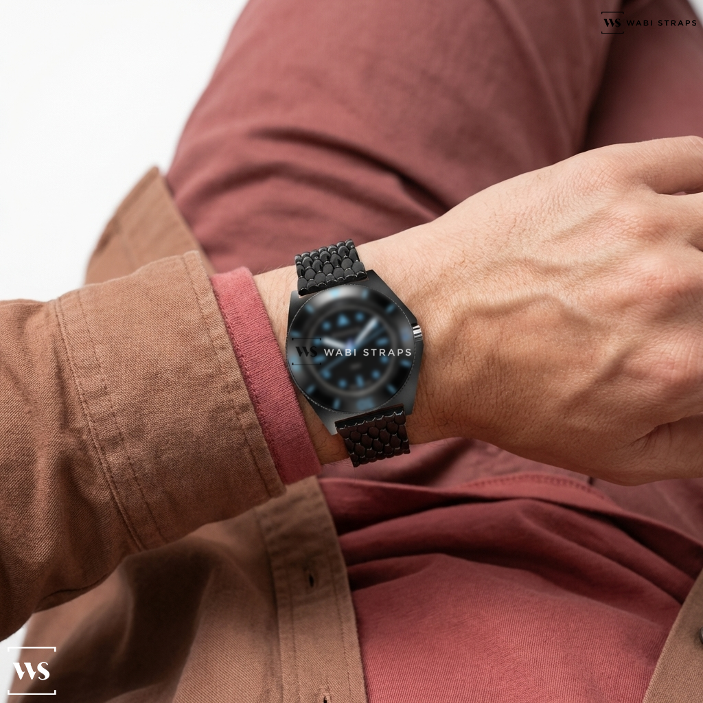 Black Coffin Bead Metal Watch Bracelet on Bausele X Seconde/Seconde | PERSPECTIVE Black Dial