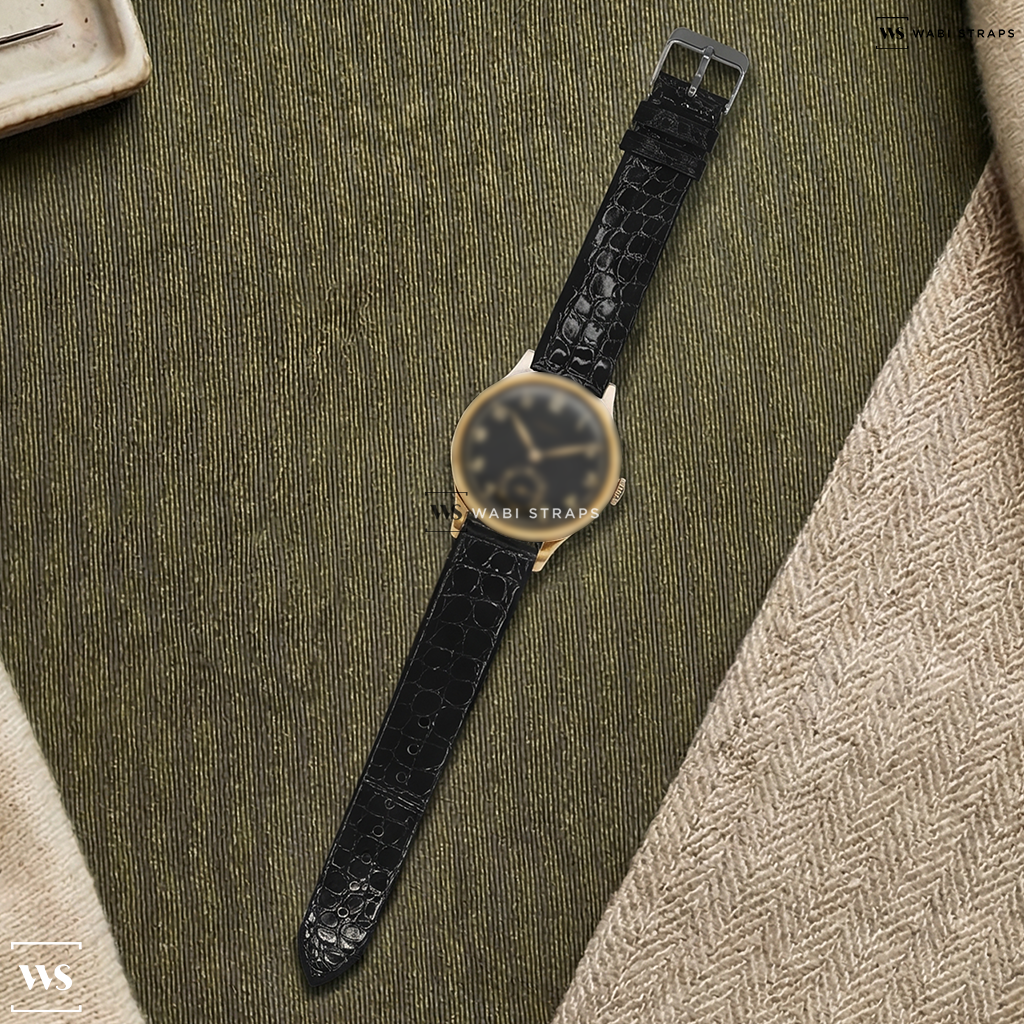 Black Alligator Grain Leather Watch Strap on Longines