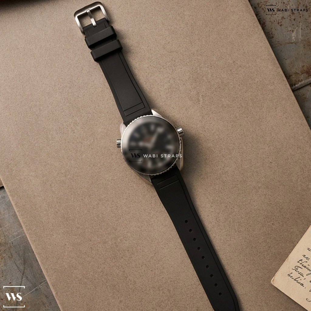 Black Smooth Rubber Watch Strap on Omega Seamaster Planet Ocean Co-Axial Black Dial 39.5MM