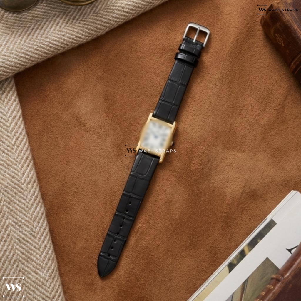 Black Bamboo Grain Leather Watch Strap on Baume & Mercier Tank